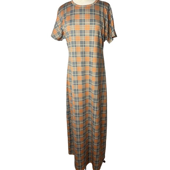 NWT Lula Roe Dress Large Orange Gray White Plaid Maxi Sheath Short Sleeve Round - Picture 3 of 11